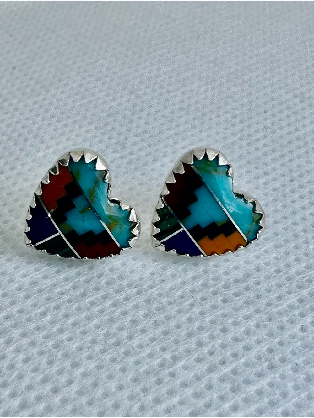 Sterling Silver Turquoise Inlay Heart Stud Earrings View 5